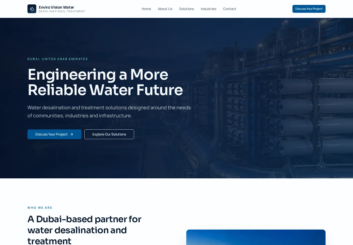 Genuine desktop screenshot of the Enviro Vision Water website homepage