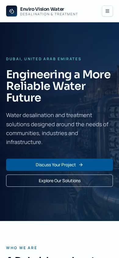 Genuine mobile screenshot of the Enviro Vision Water website homepage