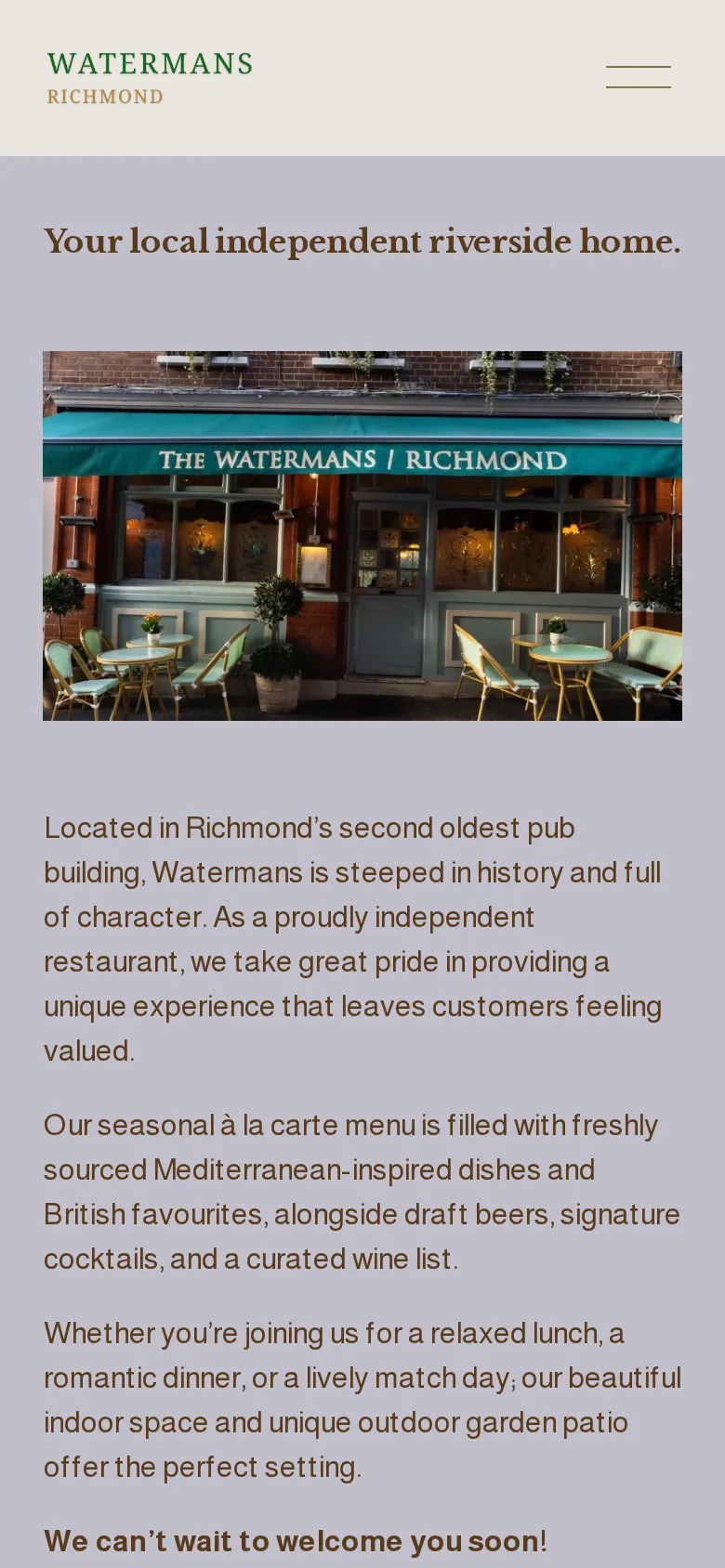 Genuine mobile screenshot of the Watermans TW9 website homepage