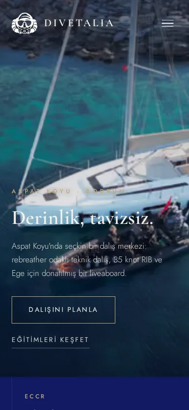 Genuine mobile screenshot of the Divetalia Turkish website homepage