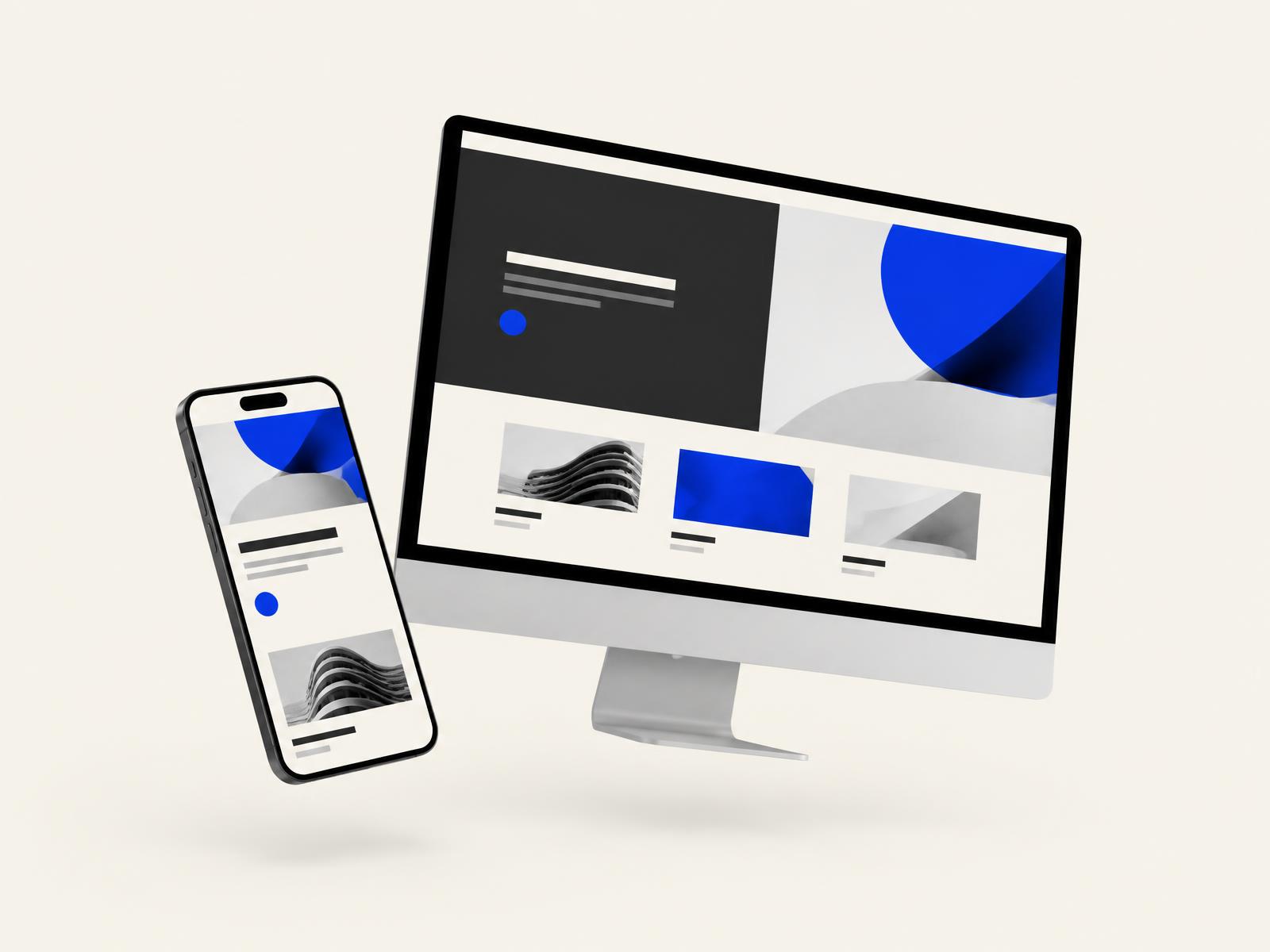 Website and app design shown on a desktop monitor and smartphone