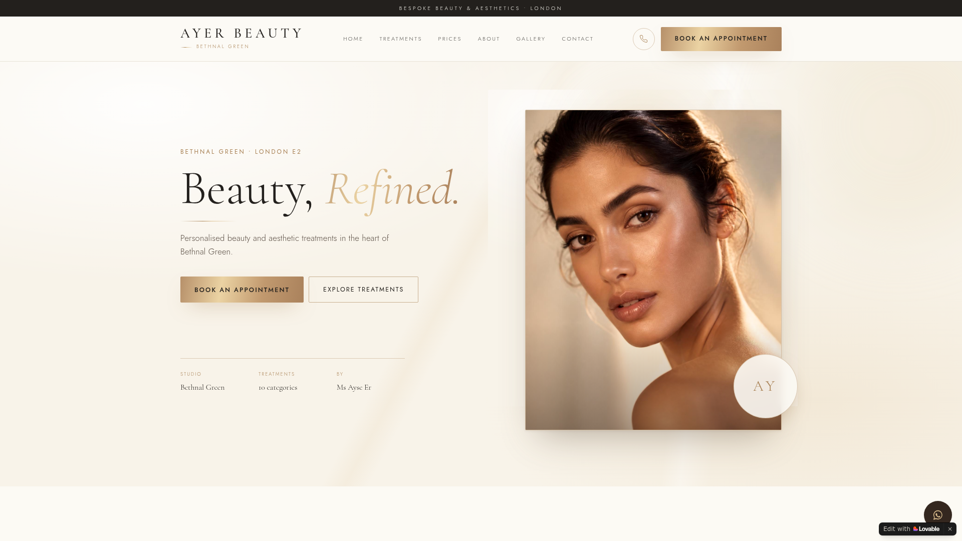 Screenshot of the AE Beauty website homepage