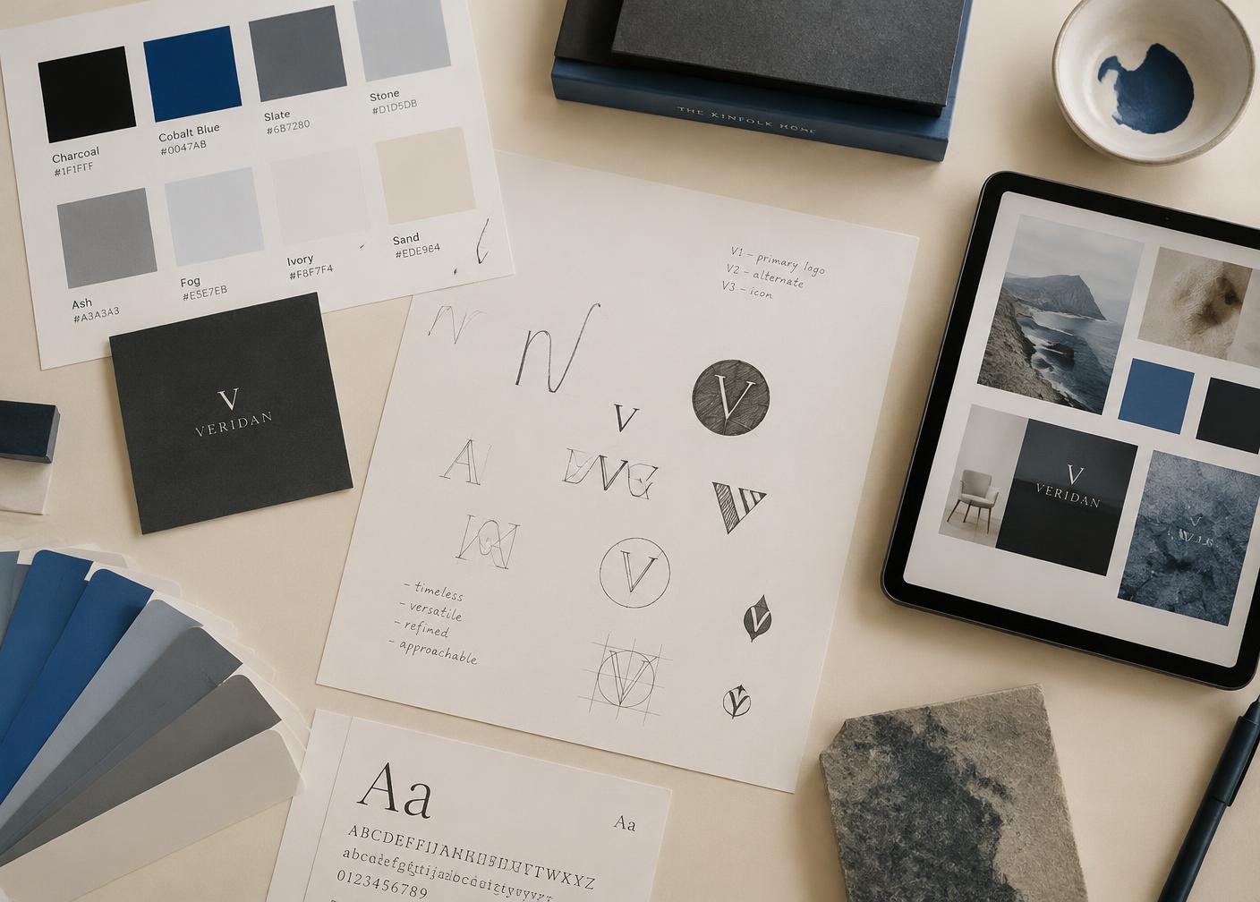 Brand design work: colour swatches, logo sketches and a moodboard on a tablet