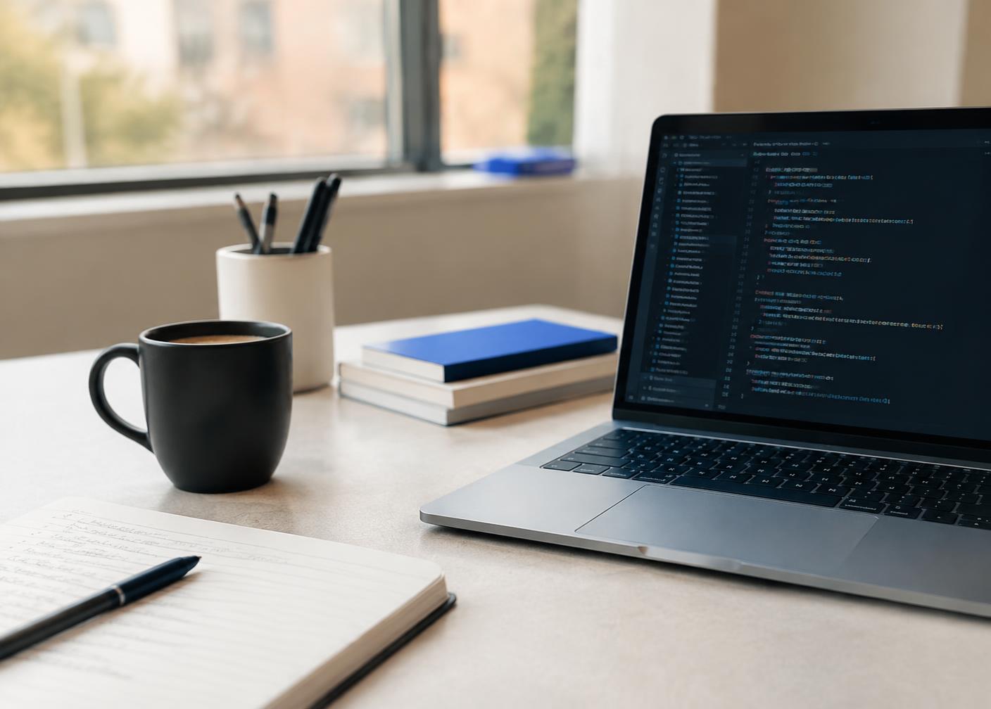 A development workspace with code on a laptop screen
