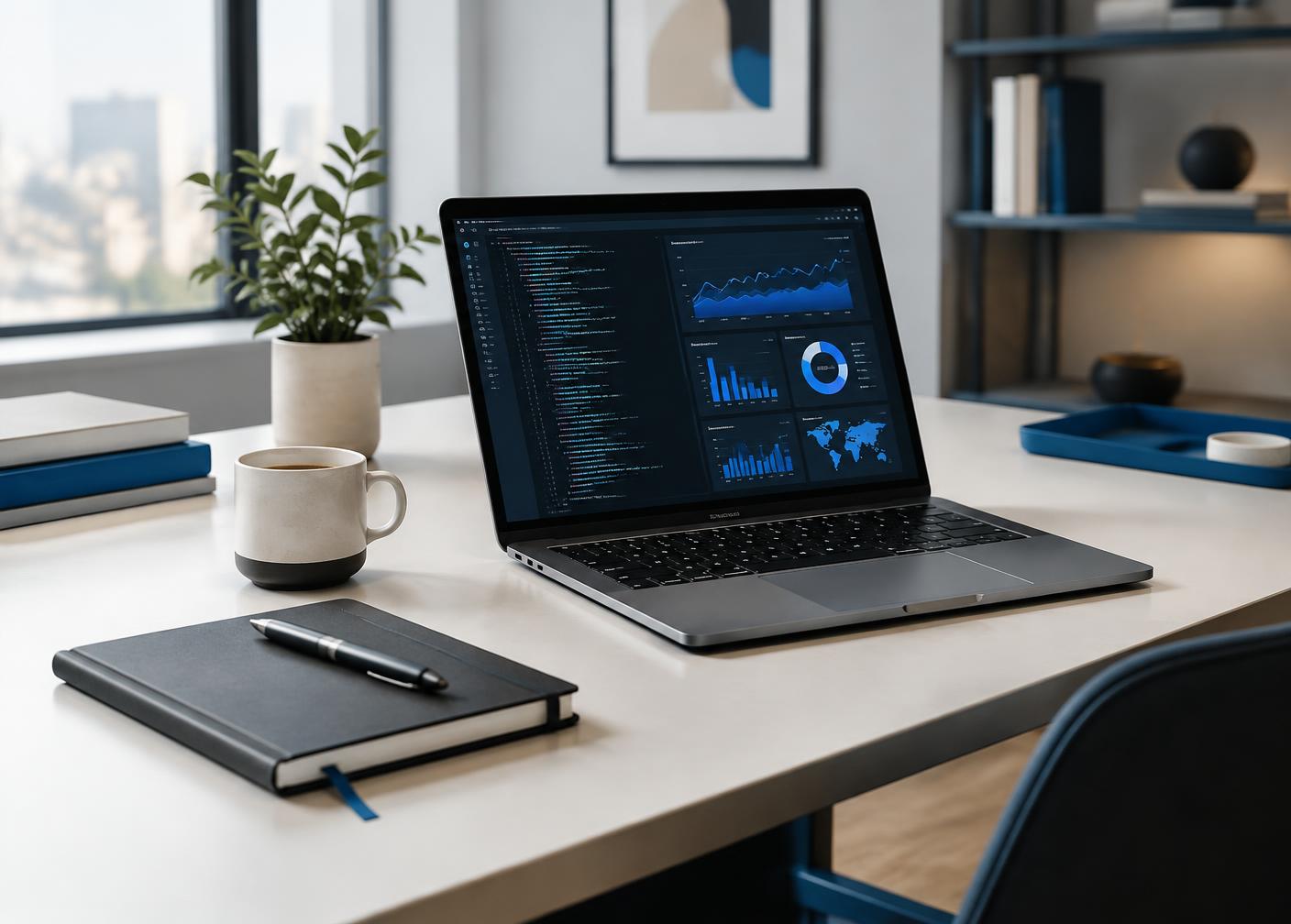 Illustrative image: a technology workspace with a laptop showing dashboards