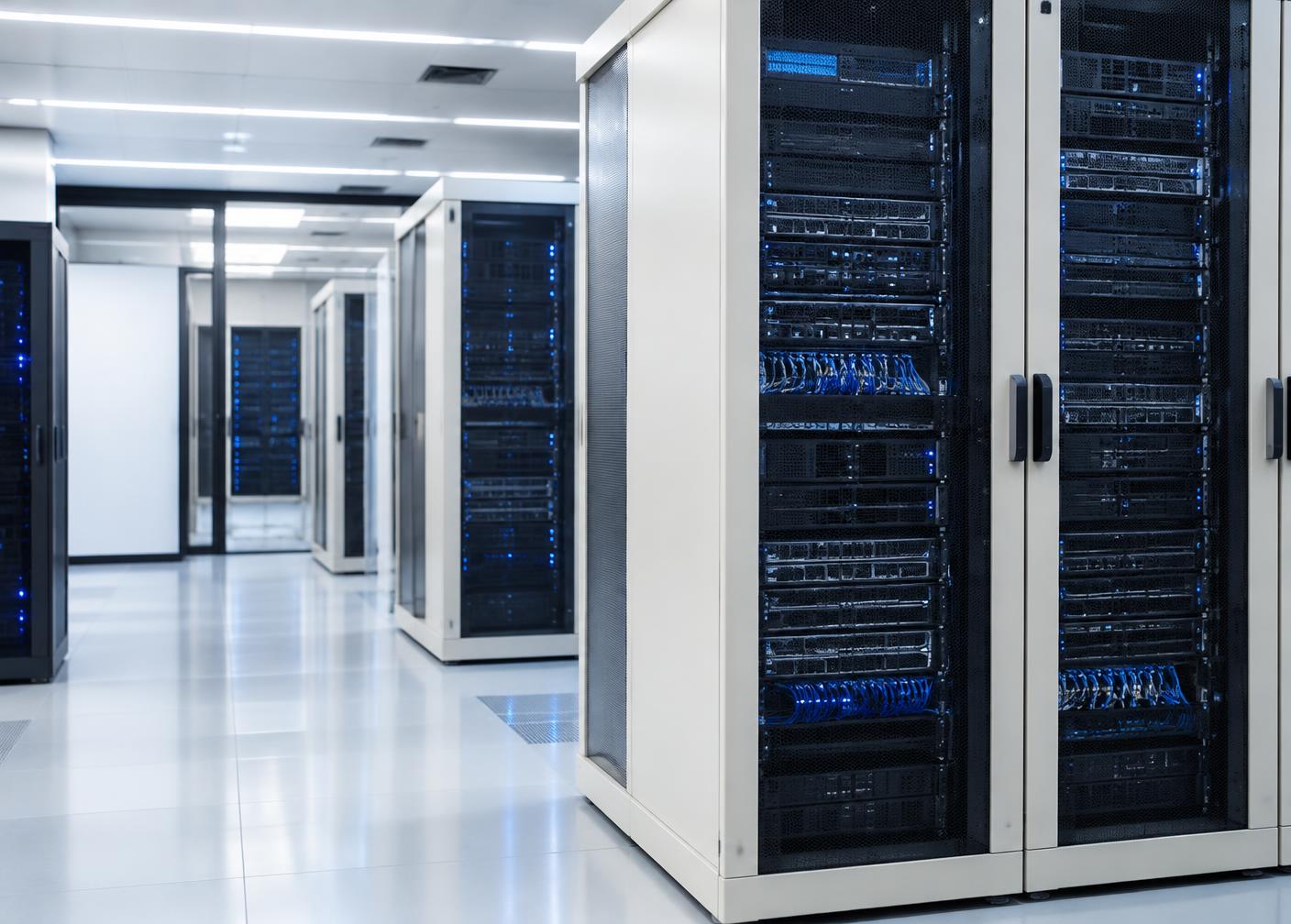 Illustrative image: server racks in a modern technology facility